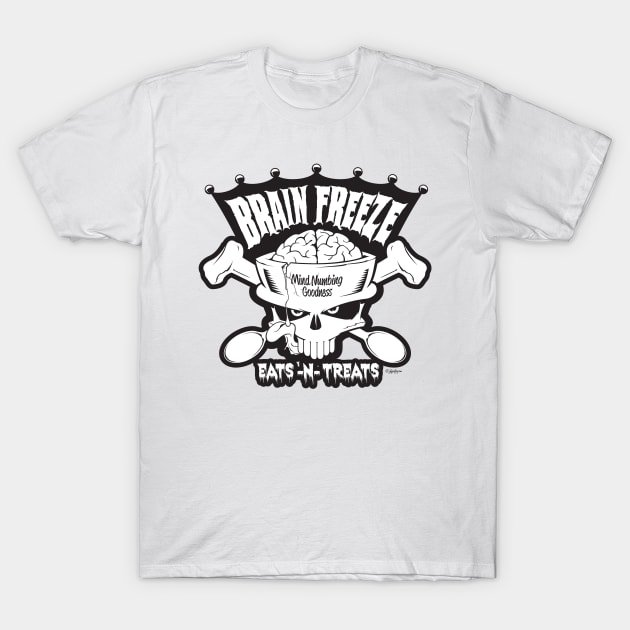 Brain Freeze Eats-N-Treats B/W T-Shirt by QuigleyCreative